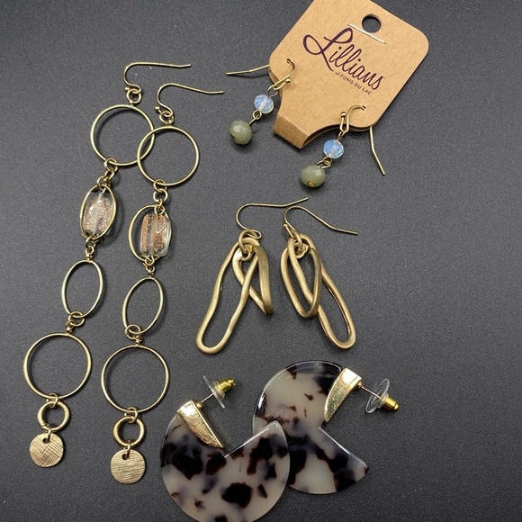 Gold Tone Pierced Earring Bundle Tortoise Shell Shoulder Dusters 4 Pairs Lot - Picture 8 of 8